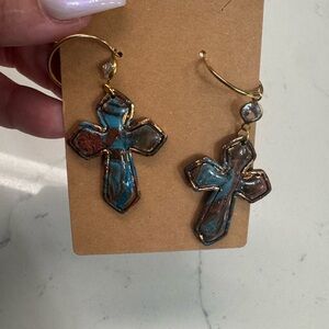 Turquoise & Brown Cross Drop Earrings - Women Jewelry